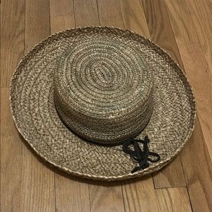 Woven Straw Hat with Brown Suede Tie Detail